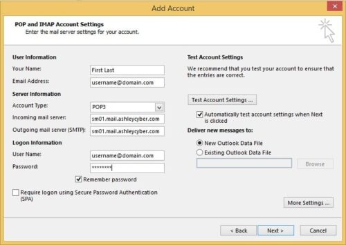 Outlook 2013 Email Settings - Pop Settings