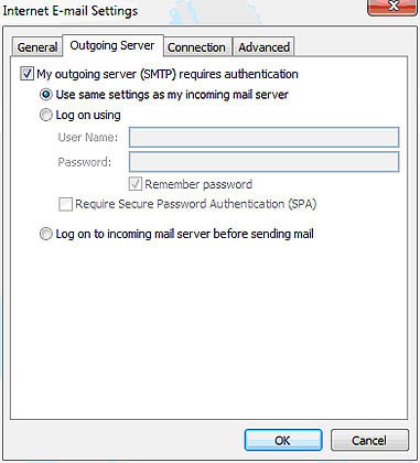 Outlook 2010 Email Settings - Outgoing Server