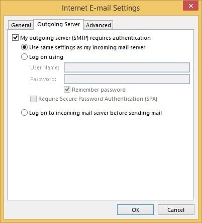 Outlook 2013 Email Settings - Outgoing Server