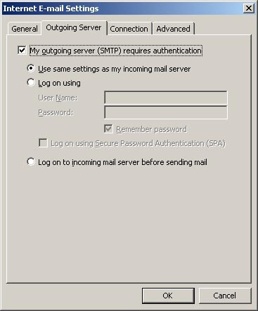 Outlook 2003 Email Settings - Outgoing Server