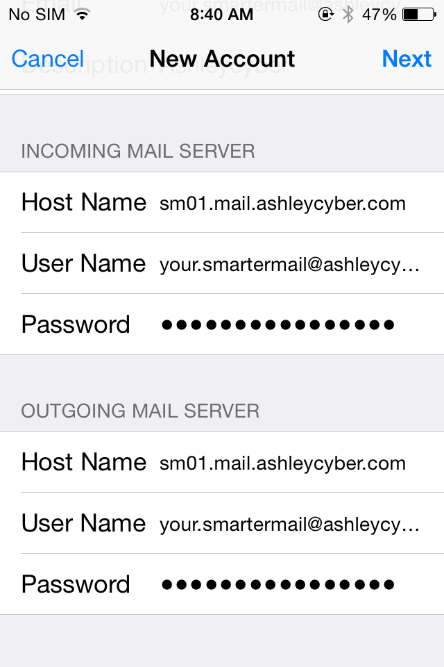 iOS Settings - Add IMAP Settings